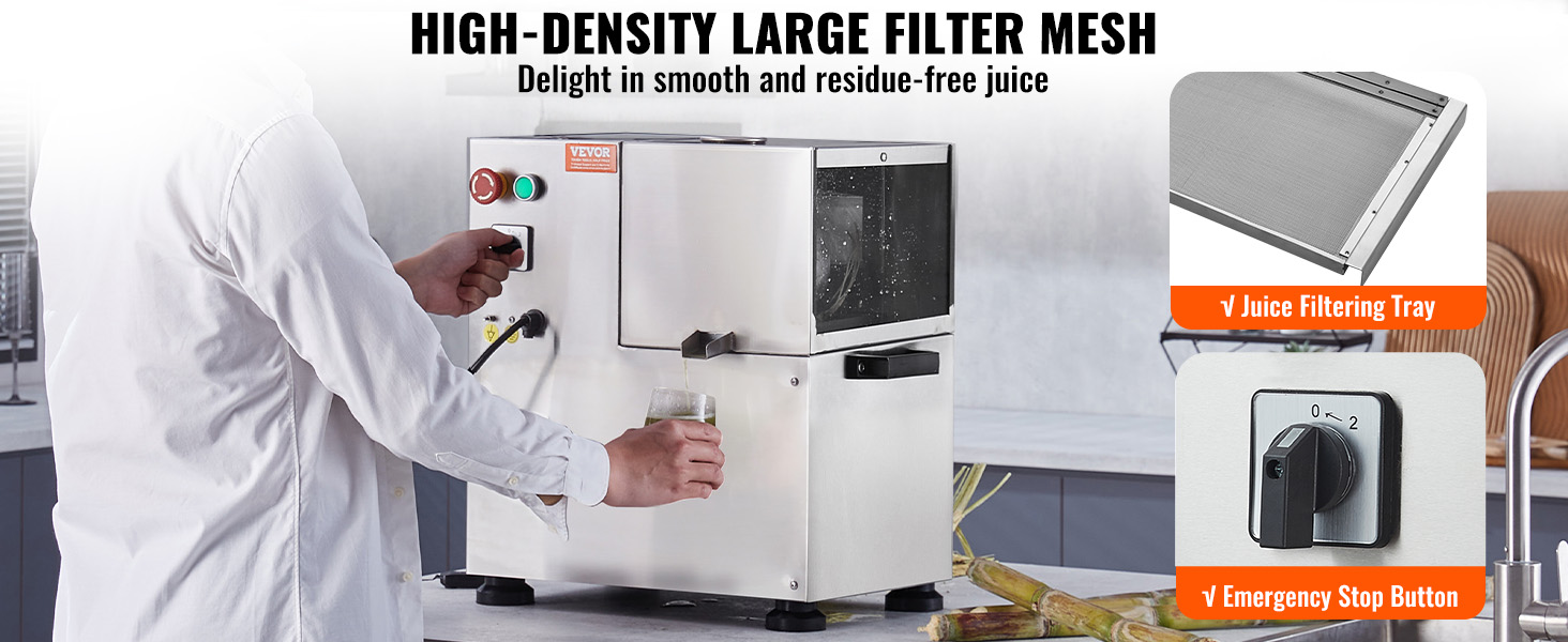 man using VEVOR sugar cane juicer with high-density large filter mesh, juice filtering tray, and emergency stop button.