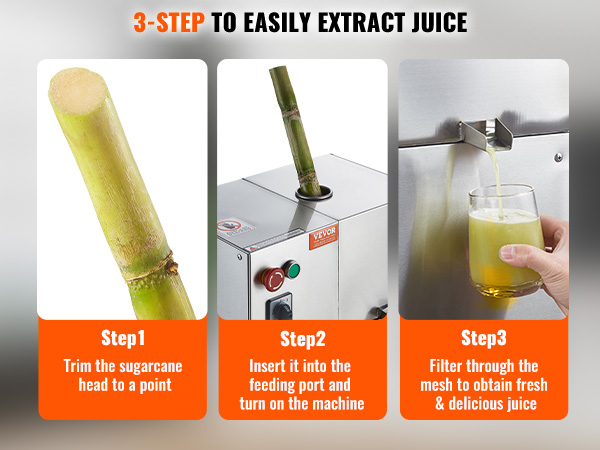 three-step guide to using the VEVOR sugar cane juicer with images of cutting, feeding, and juicing.