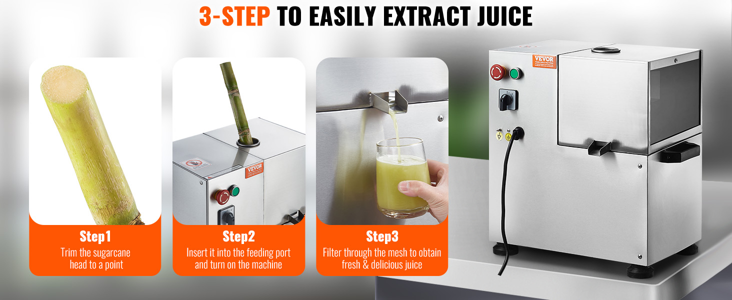 three-step guide to using the VEVOR sugar cane juicer with images of cutting, feeding, and juicing.