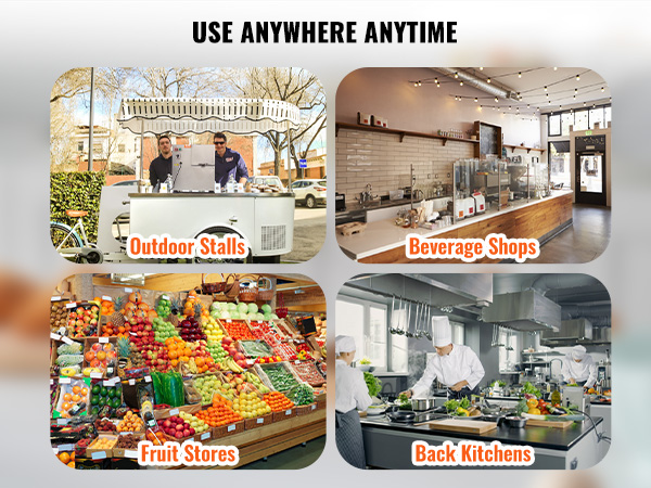 VEVOR sugar cane juicer shown in various settings: outdoor stalls, beverage shops, fruit stores, back kitchens.