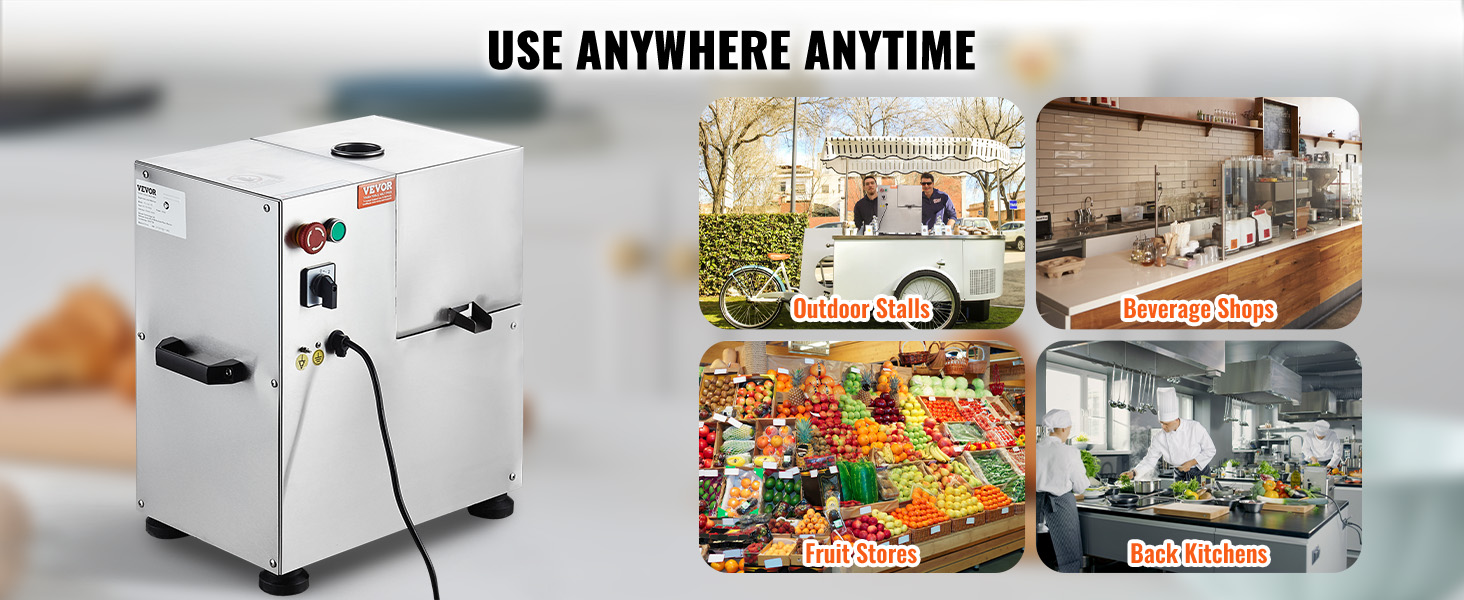VEVOR sugar cane juicer shown in various settings: outdoor stalls, beverage shops, fruit stores, back kitchens.