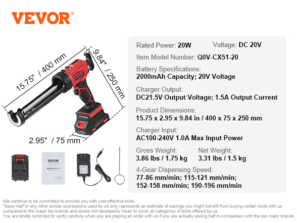VEVOR cordless caulking gun dimensions, battery info, charger details, and specifications.
