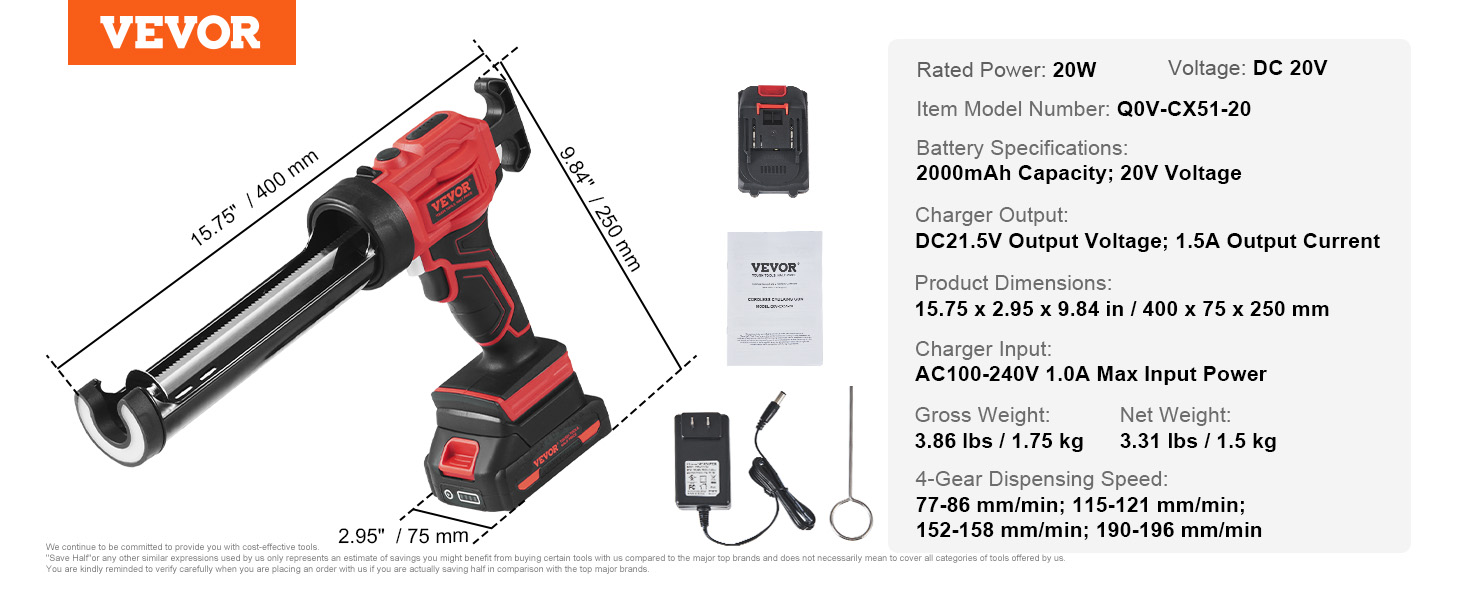 VEVOR cordless caulking gun dimensions, battery info, charger details, and specifications.