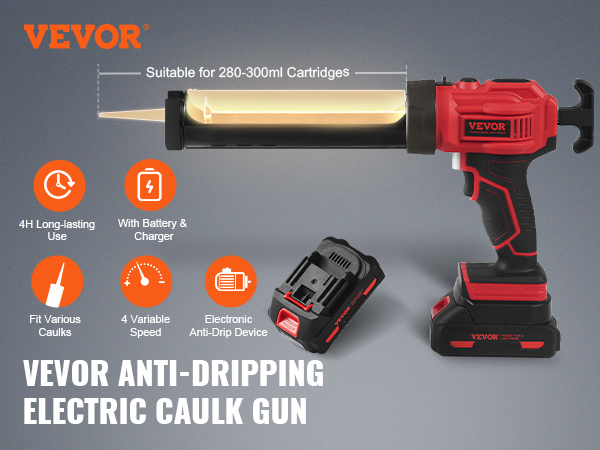 VEVOR cordless caulking gun with variable speed, anti-drip device, long-lasting use, and battery charger.