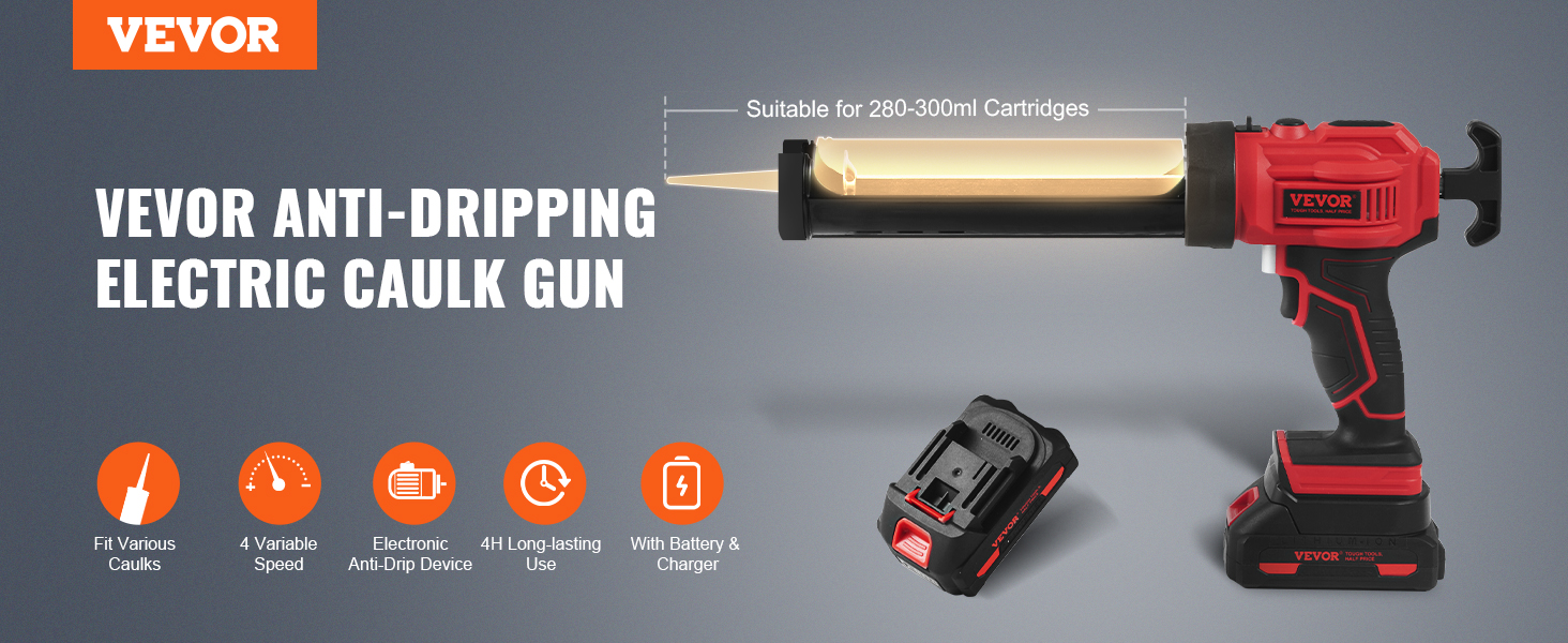 VEVOR cordless caulking gun with variable speed, anti-drip device, long-lasting use, and battery charger.