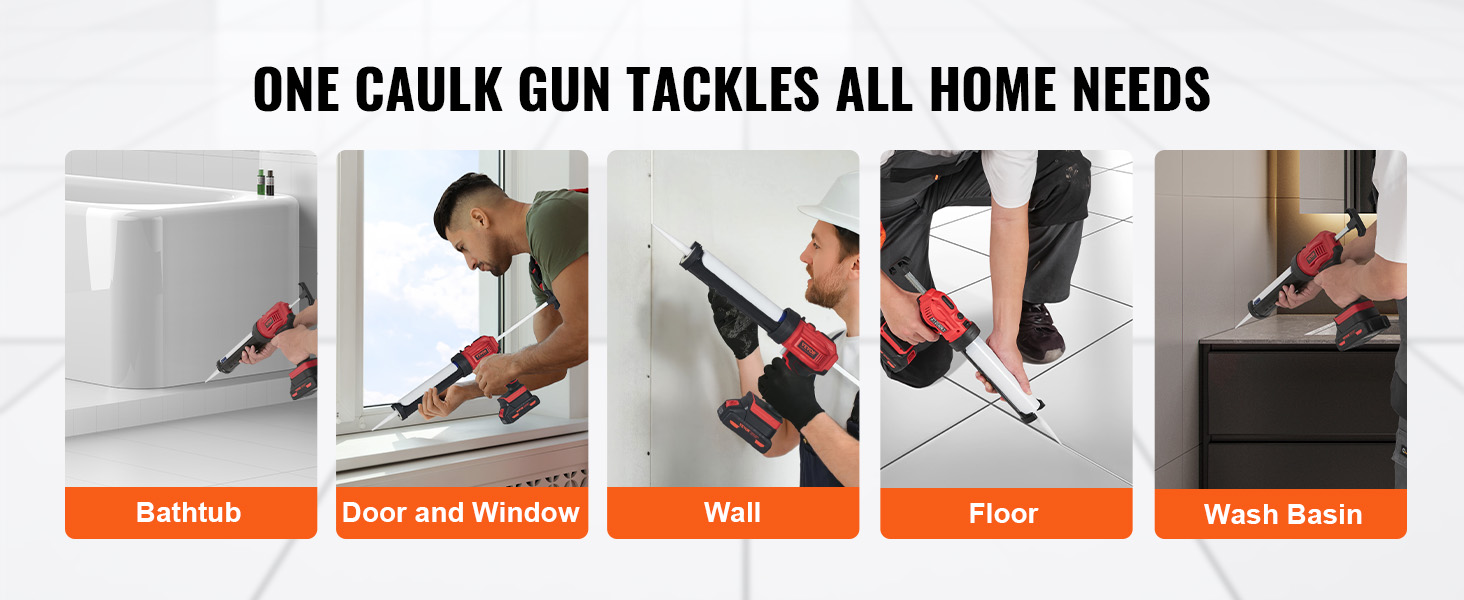 one caulk gun for all home needs: bathtub, door and window, wall, floor, and wash basin. VEVOR cordless caulking gun.