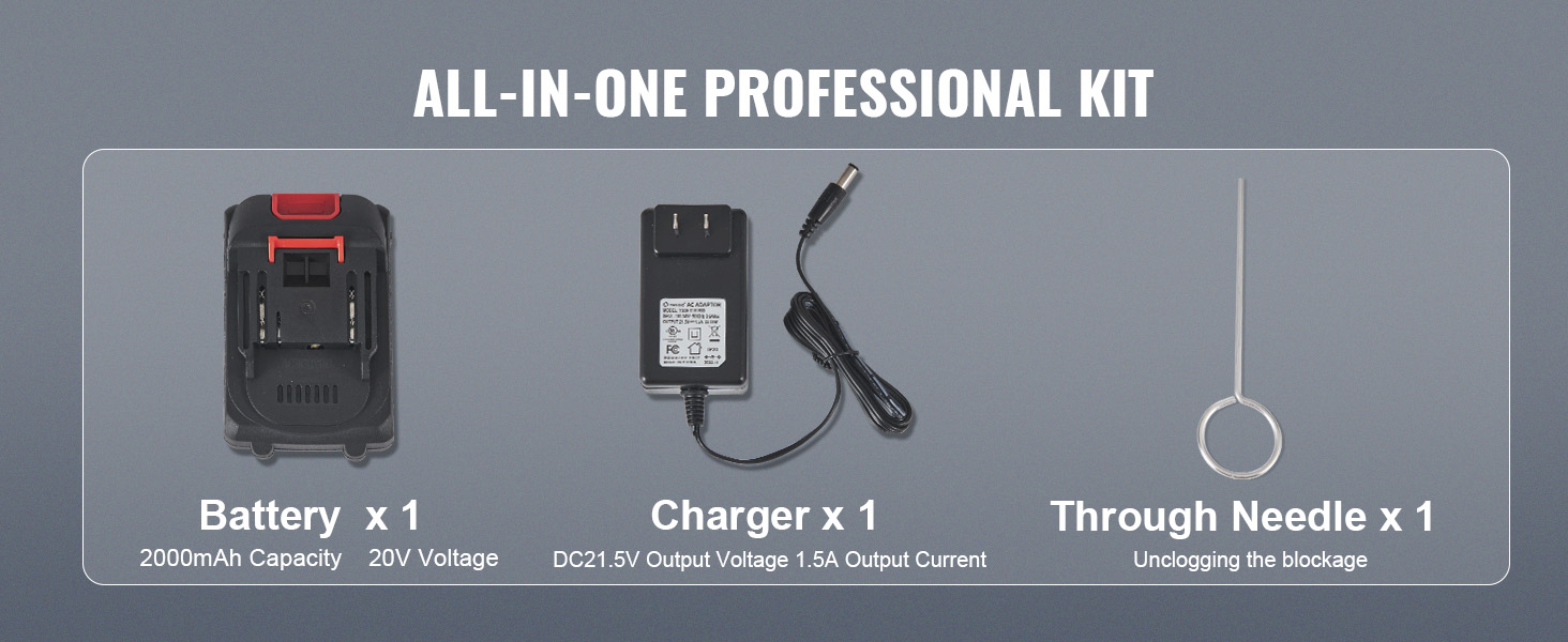all-in-one kit with battery, charger, and through needle for VEVOR cordless caulking gun.