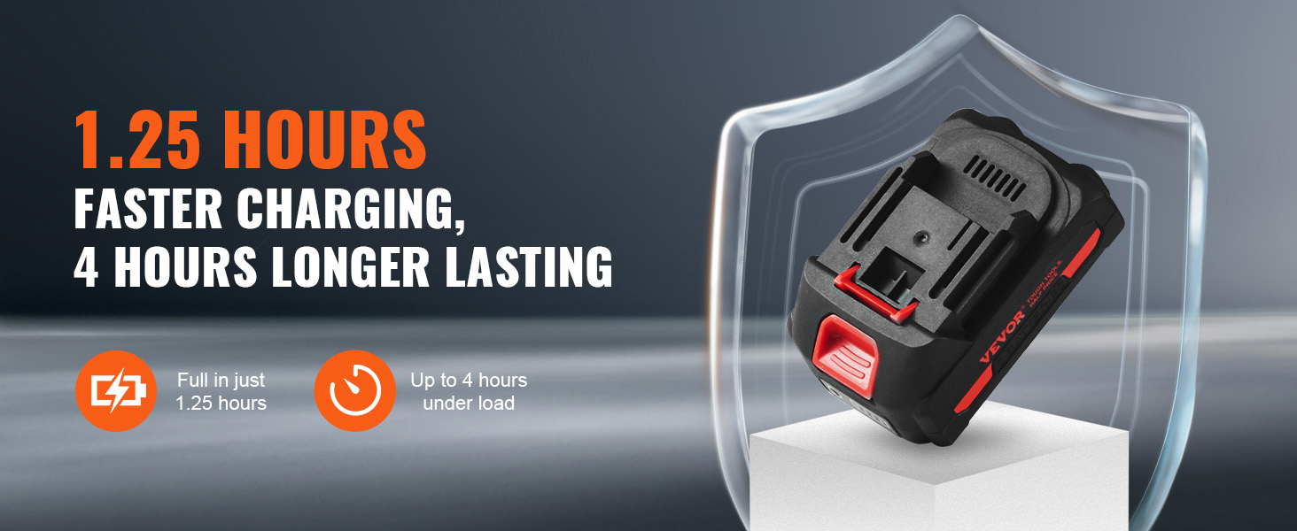 VEVOR cordless caulking gun battery, full charge in 1.25 hours, lasts up to 4 hours, on a gray background.