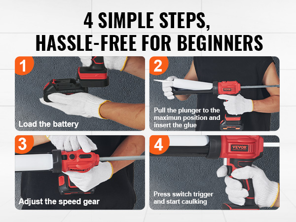 4-step guide using VEVOR cordless caulking gun: load battery, insert glue, adjust speed, start caulking.