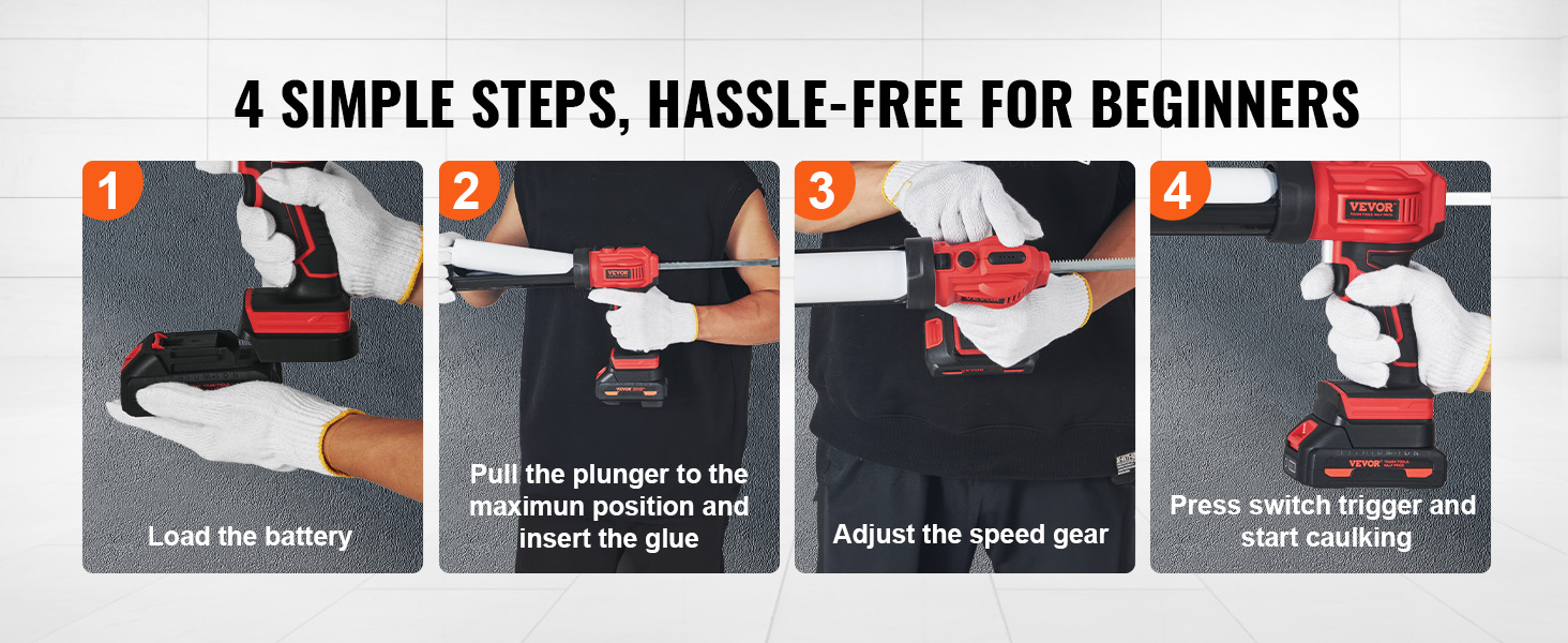 4-step guide using VEVOR cordless caulking gun: load battery, insert glue, adjust speed, start caulking.