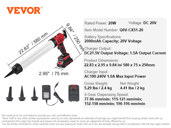 VEVOR cordless caulking gun with 20w power, 20v, battery, charger, and three nozzle tips.