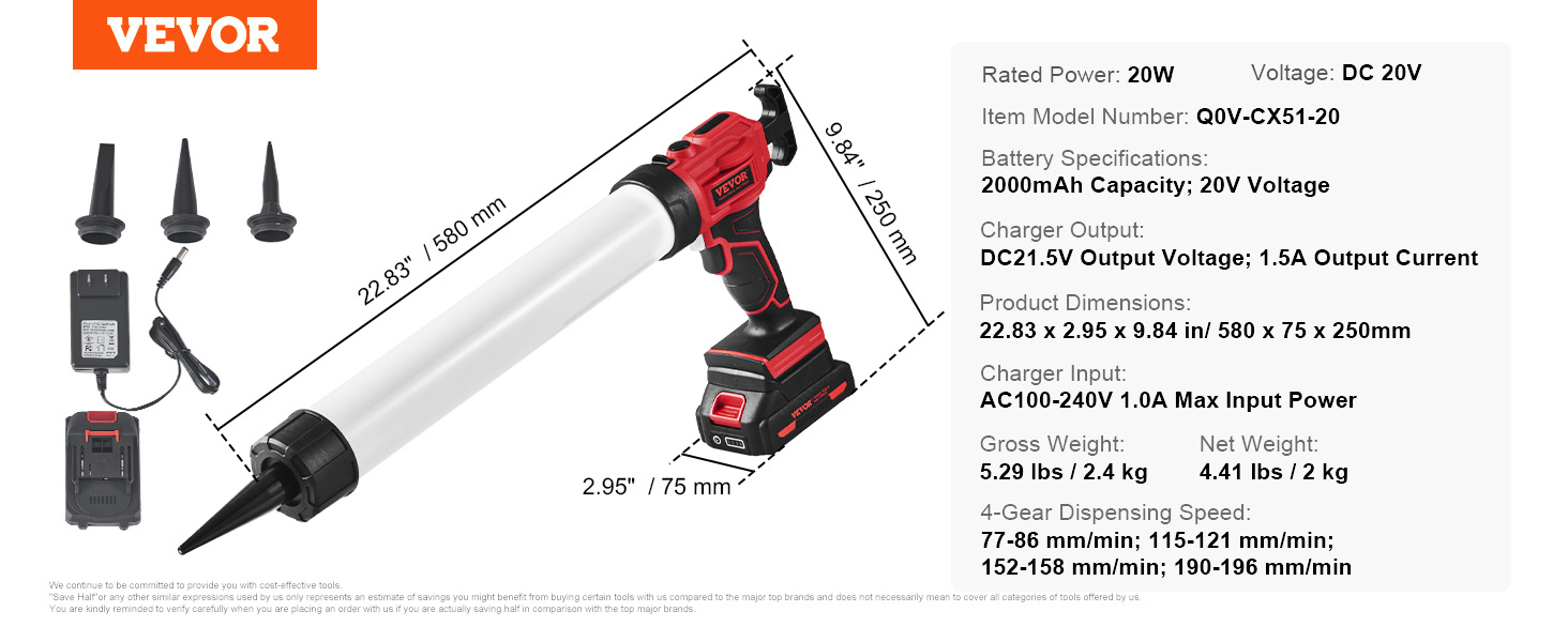 VEVOR cordless caulking gun with 20w power, 20v, battery, charger, and three nozzle tips.