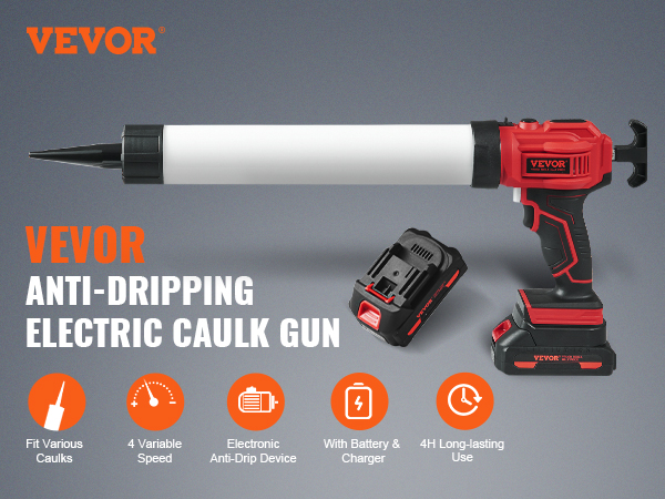 VEVOR cordless caulking gun with anti-drip, variable speed, battery charger, and long-lasting use.