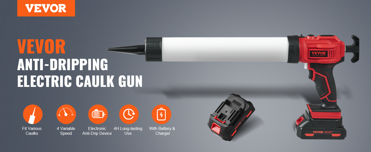 VEVOR cordless caulking gun with anti-drip, variable speed, battery charger, and long-lasting use.