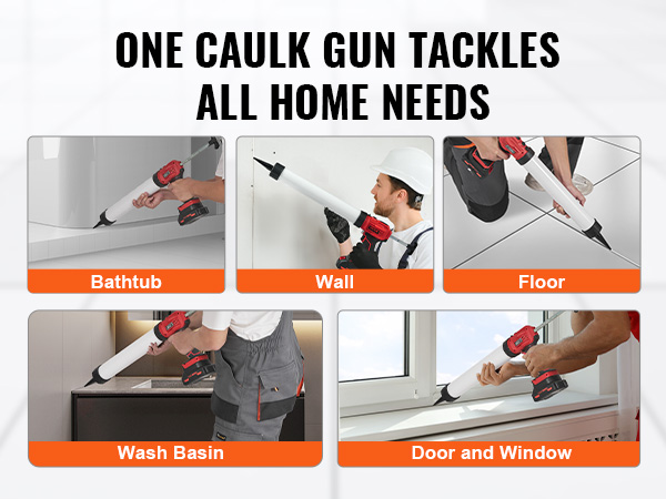 VEVOR cordless caulking gun versatile for bathtub, door and window, wall, floor, and wash basin tasks.