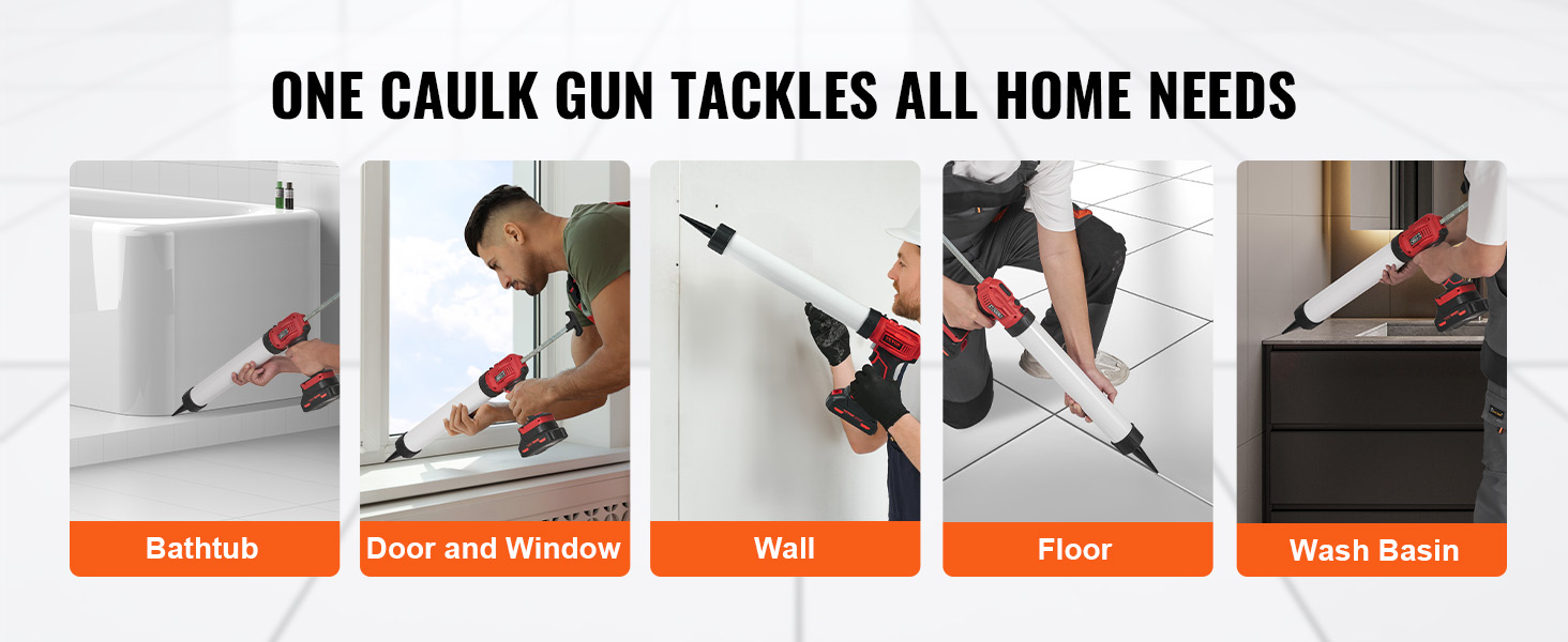 VEVOR cordless caulking gun versatile for bathtub, door and window, wall, floor, and wash basin tasks.