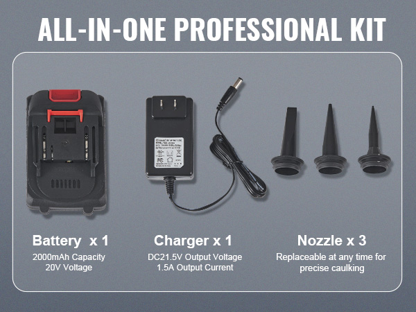 all-in-one professional kit with VEVOR cordless caulking gun, battery, charger, and three nozzles.