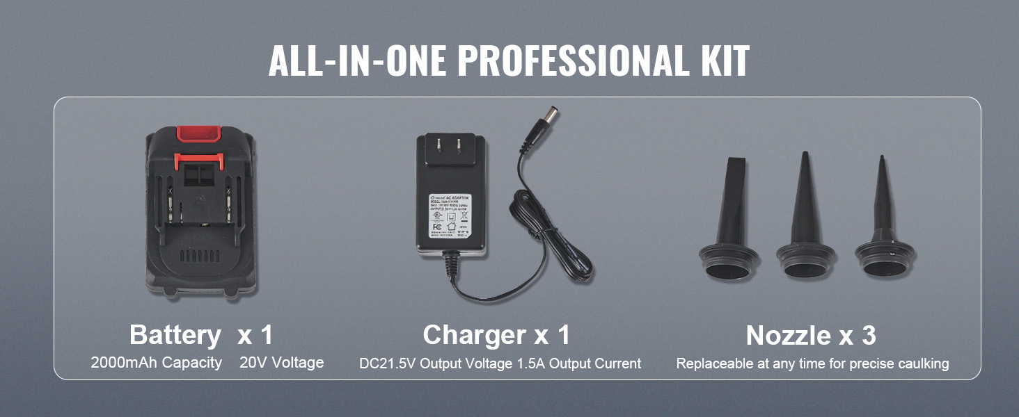 all-in-one professional kit with VEVOR cordless caulking gun, battery, charger, and three nozzles.