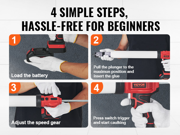 4 simple steps to use VEVOR cordless caulking gun: load battery, insert glue, adjust speed, start caulking.