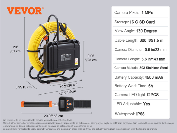 VEVOR sewer camera with 1 mp, 130° view, 300 ft cable, 4500 mah battery, ip68 waterproof, 16 gb sd card.