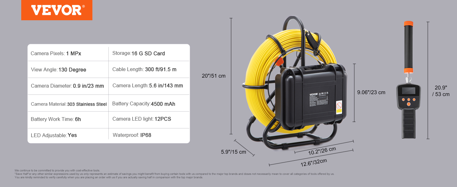 VEVOR sewer camera with 1 mp, 130° view, 300 ft cable, 4500 mah battery, ip68 waterproof, 16 gb sd card.