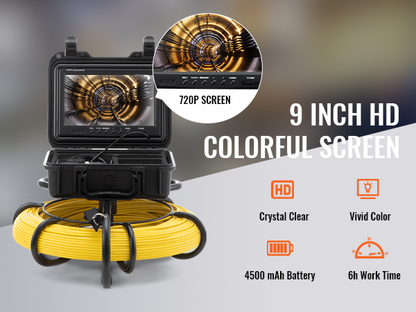 9-дюймовый HD-экран, дисплей с разрешением 720p, яркие цвета, батарея емкостью 4500 мАч, время работы канализационной камеры VEVOR составляет 6 часов.