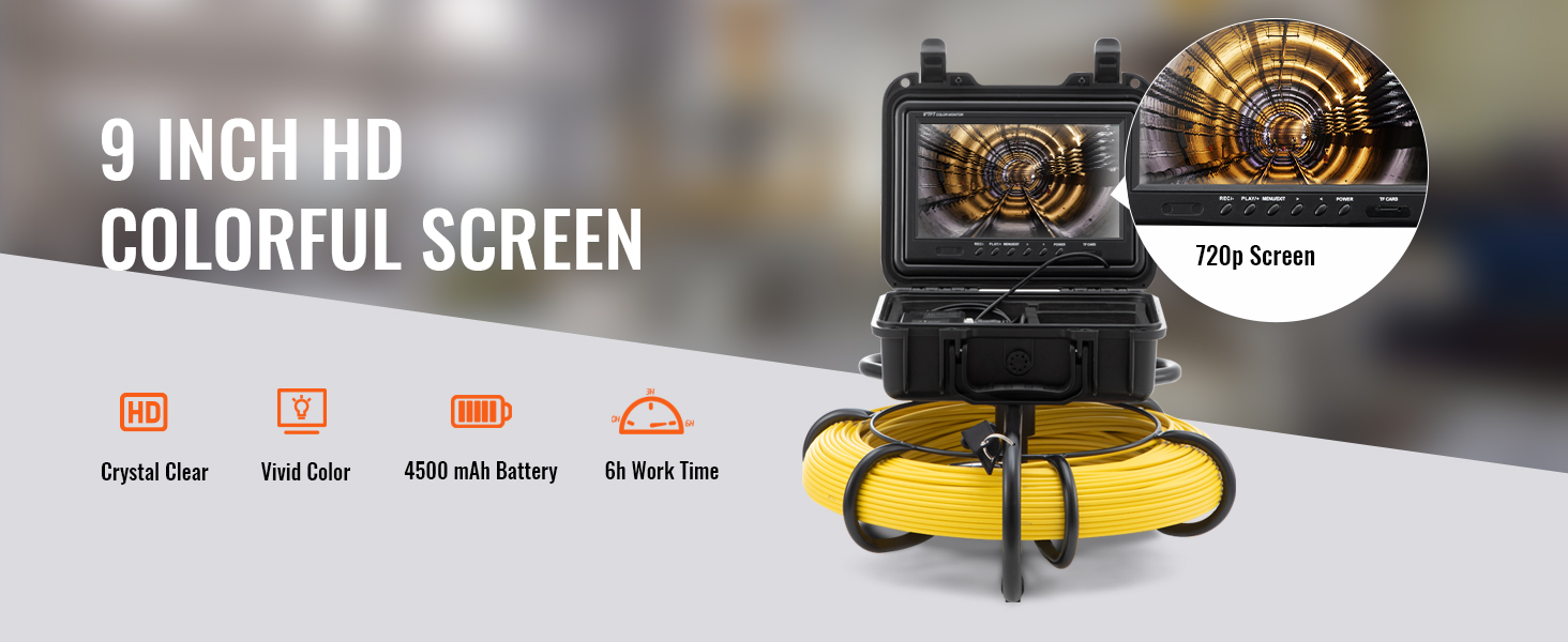 9-дюймовый HD-экран, дисплей с разрешением 720p, яркие цвета, батарея емкостью 4500 мАч, время работы канализационной камеры VEVOR составляет 6 часов.