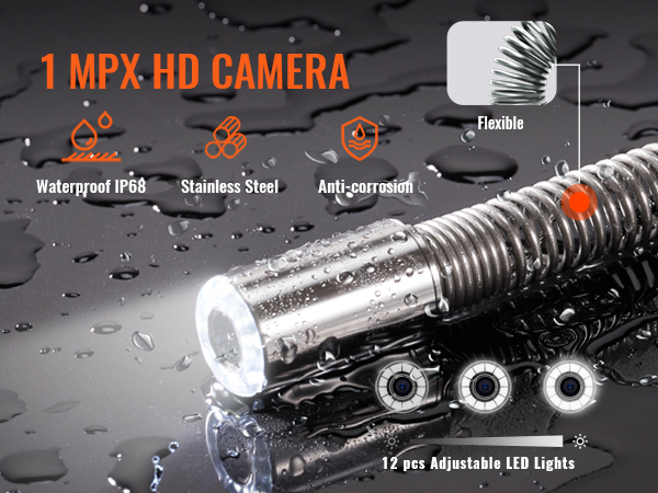 водонепроницаемая канализационная камера VEVOR высокой четкости с корпусом из нержавеющей стали, регулируемой светодиодной подсветкой и гибким дизайном.