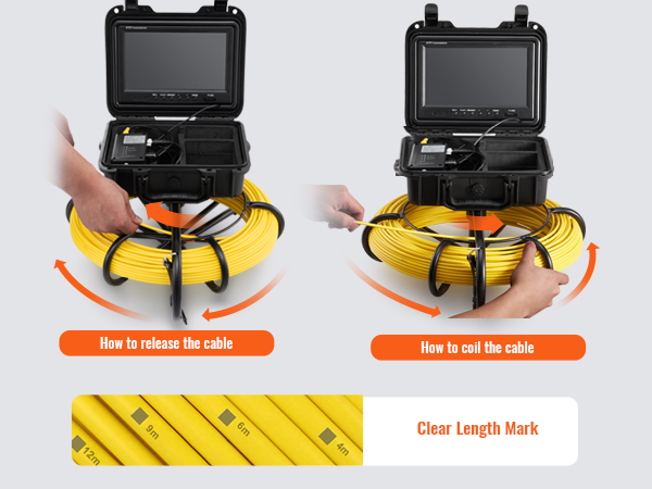 Канализационная камера VEVOR, показывающая метки длины, наматывание и отсоединение желтого кабеля со встроенным монитором.