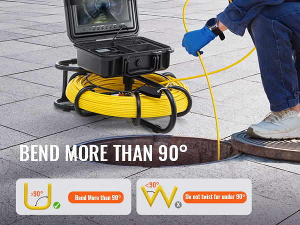 техник использует канализационную камеру VEVOR для осмотра канализационного люка с дисплеем, показывающим подземную трубу.