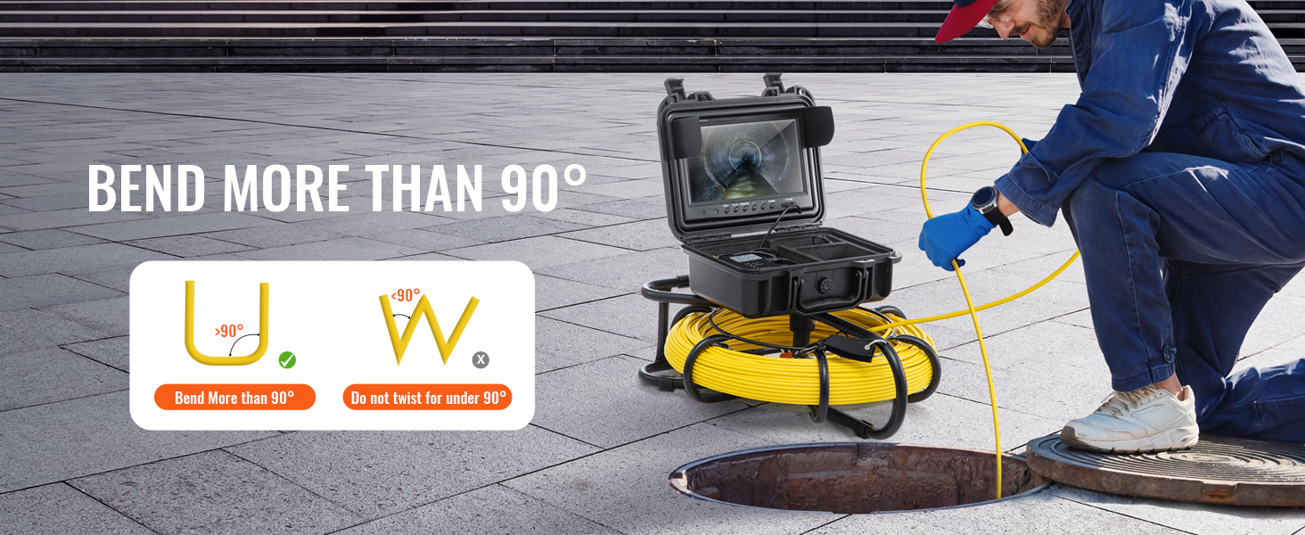 техник использует канализационную камеру VEVOR для осмотра канализационного люка с дисплеем, показывающим подземную трубу.