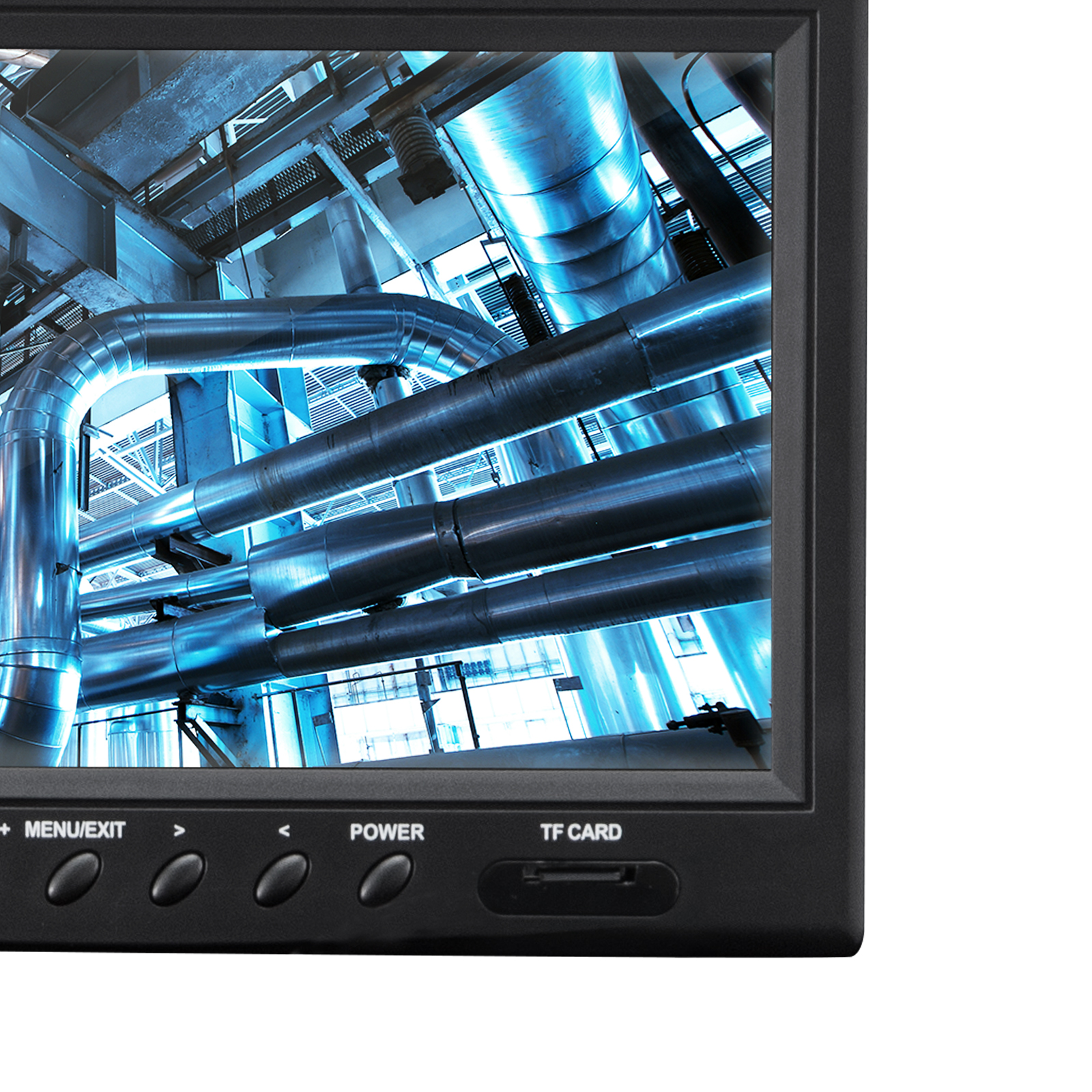 industrial pipes on a VEVOR sewer camera display with control buttons and a tf card slot.
