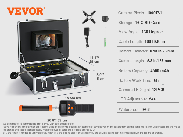 VEVOR sewer camera with 130° view angle, 1000tvl resolution, and 16gb sd card, displayed with accessories.