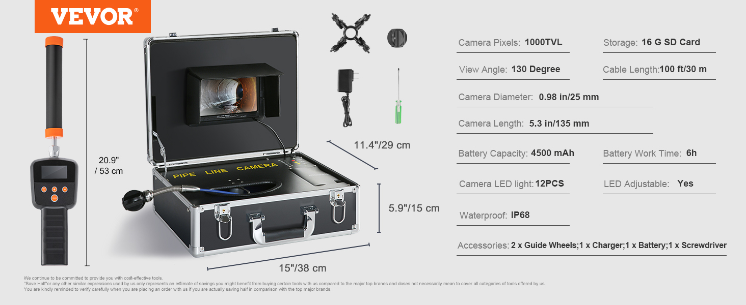 VEVOR sewer camera with 130° view angle, 1000tvl resolution, and 16gb sd card, displayed with accessories.