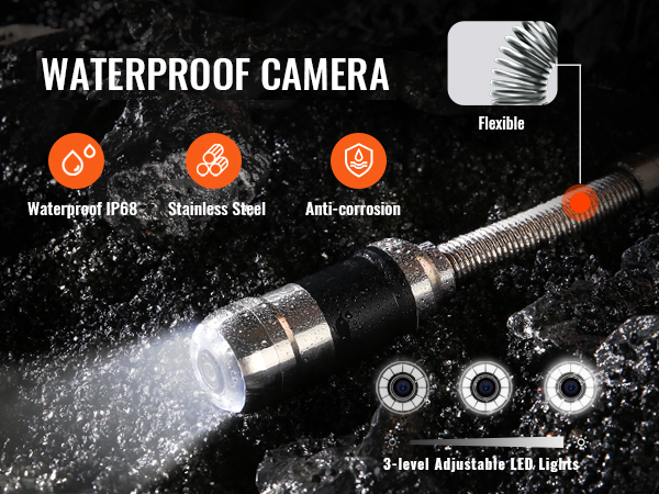 канализационная камера hd waterproof VEVOR с 3-уровневой регулируемой светодиодной подсветкой, водонепроницаемость ip68, нержавеющая сталь, гибкая антикоррозийная конструкция.