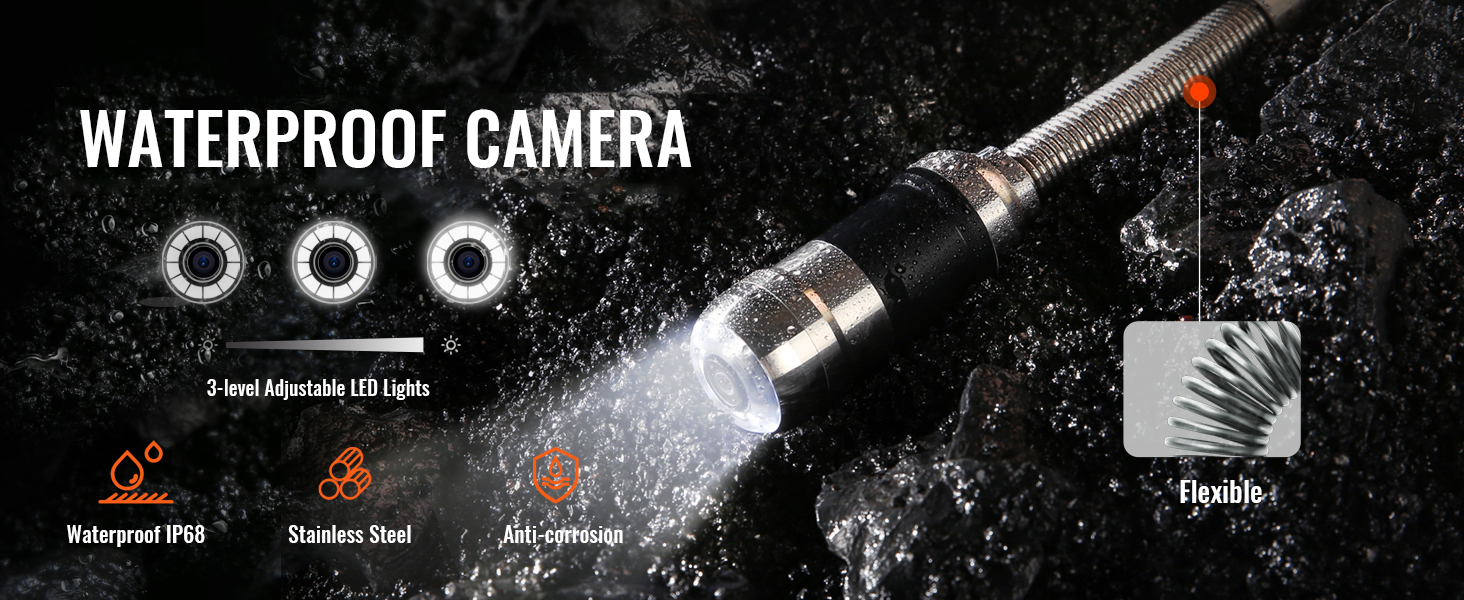 канализационная камера hd waterproof VEVOR с 3-уровневой регулируемой светодиодной подсветкой, водонепроницаемость ip68, нержавеющая сталь, гибкая антикоррозийная конструкция.
