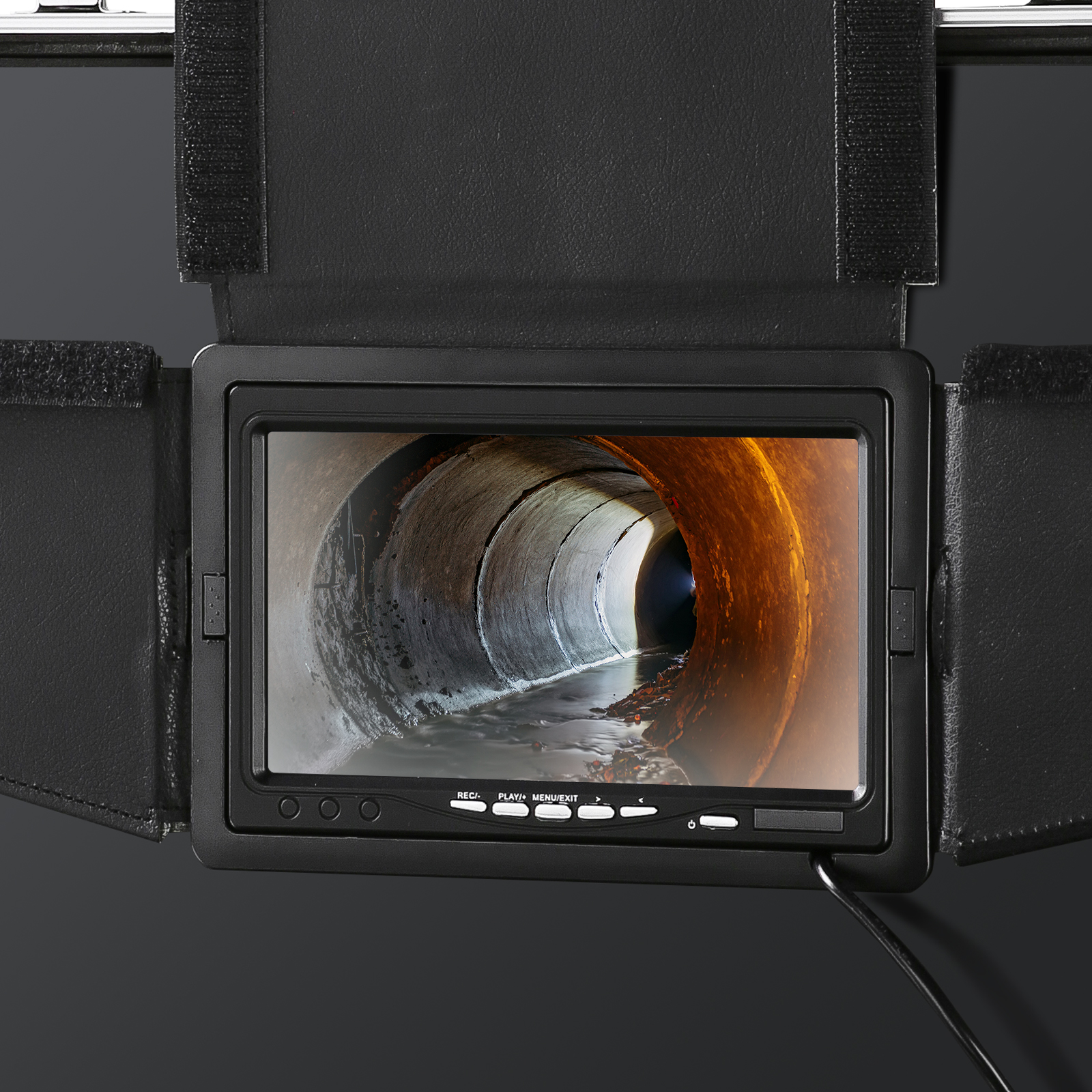 VEVOR sewer camera screen displaying an image of an underground pipe tunnel.