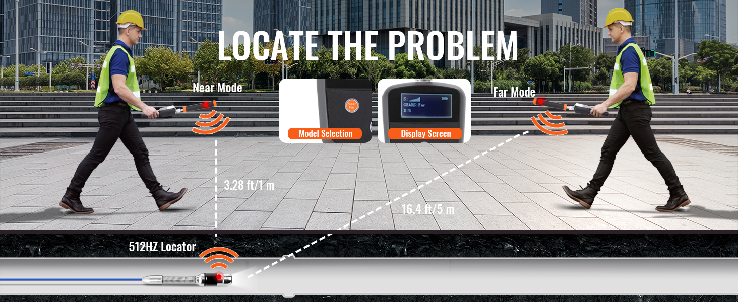 vyras naudojant VEVOR kanalizacijos kamera su 512hz locator nustatyti vamzdžio klausimais, kuriame arti ir toli režimo ekranas.