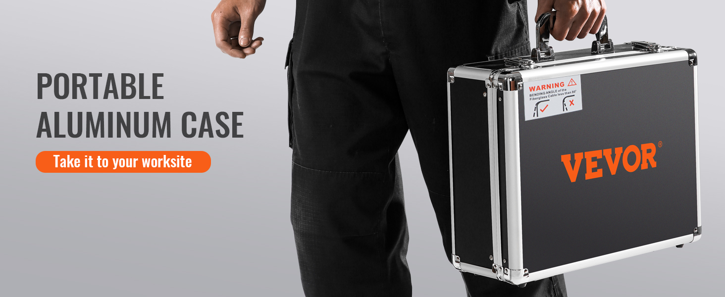 nešiojamų aliuminio korpusas su VEVOR logotipą, asmuo, turintis rankena, ir tekstas "priimti jį į savo darbų."