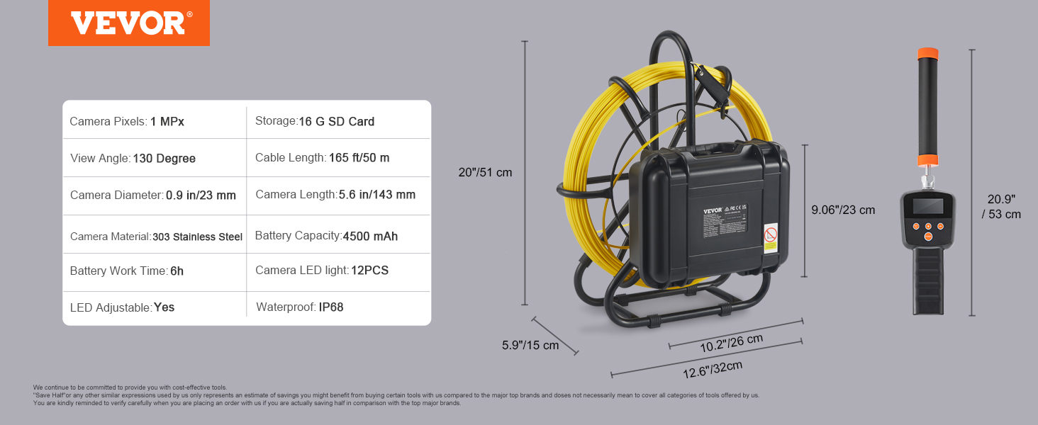 VEVOR sewer camera features: 1 mp, 130° view angle, 50 m cable, ip68 waterproof, 4500 mah battery.
