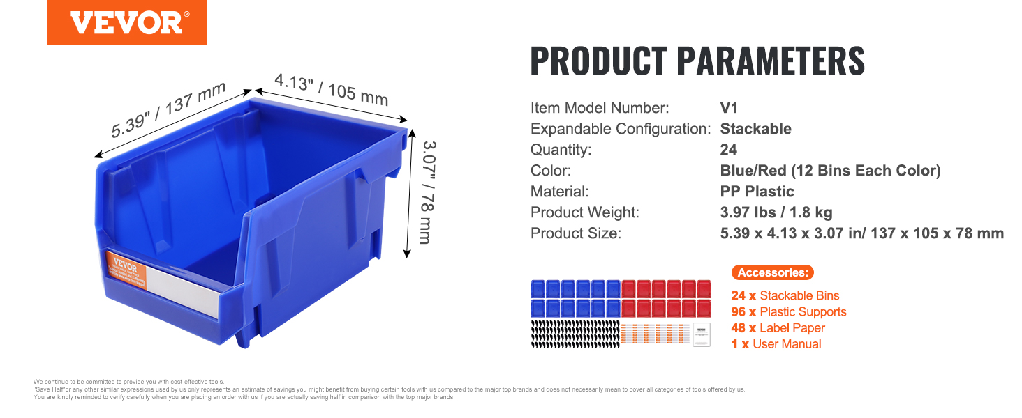VEVOR plastic storage bin dimensions and specifications with blue and red stackable bins.