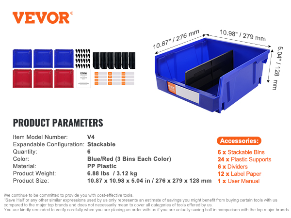 VEVOR plastic storage bin, stackable, blue/red, pp plastic, 10.87x10.98x5.04 in, 6 bins, accessories included.