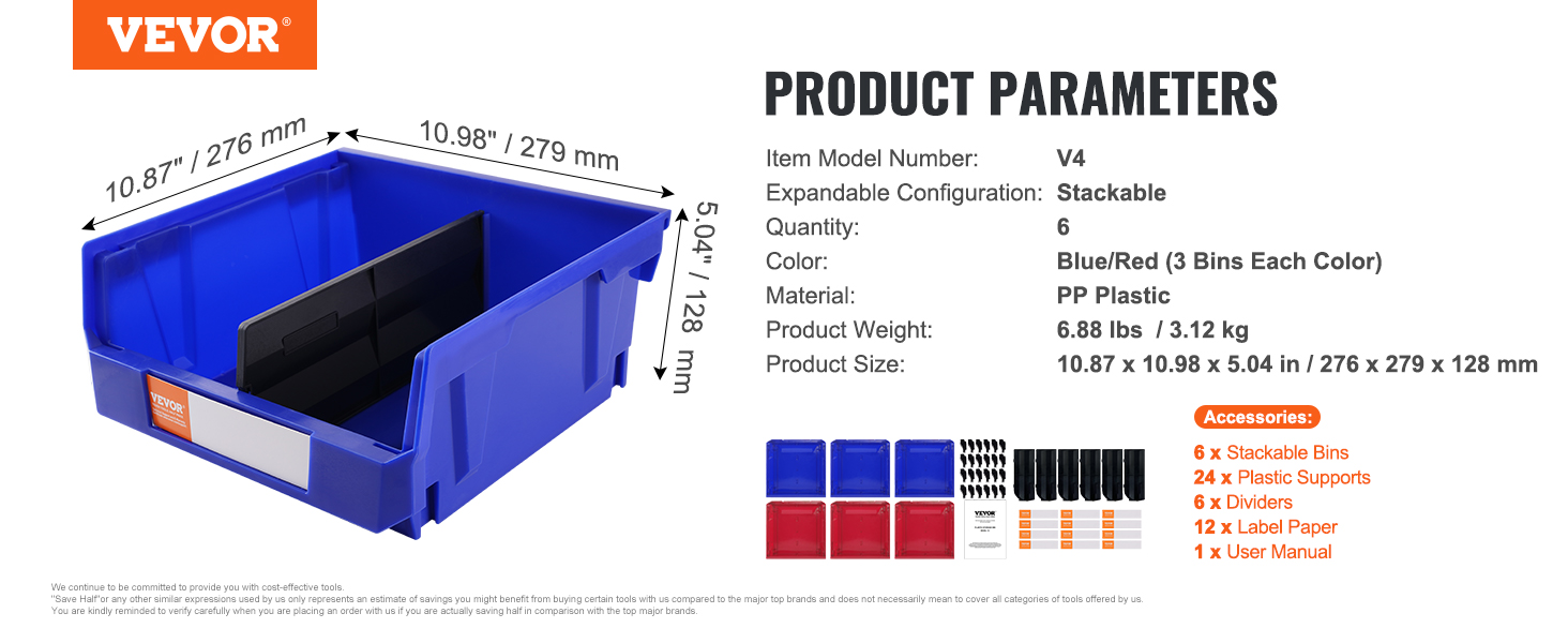 VEVOR plastic storage bin, stackable, blue/red, pp plastic, 10.87x10.98x5.04 in, 6 bins, accessories included.