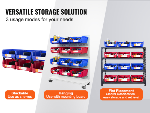 VEVOR plastic storage bin showcasing stackable, hanging, and flat placement options for versatile storage.