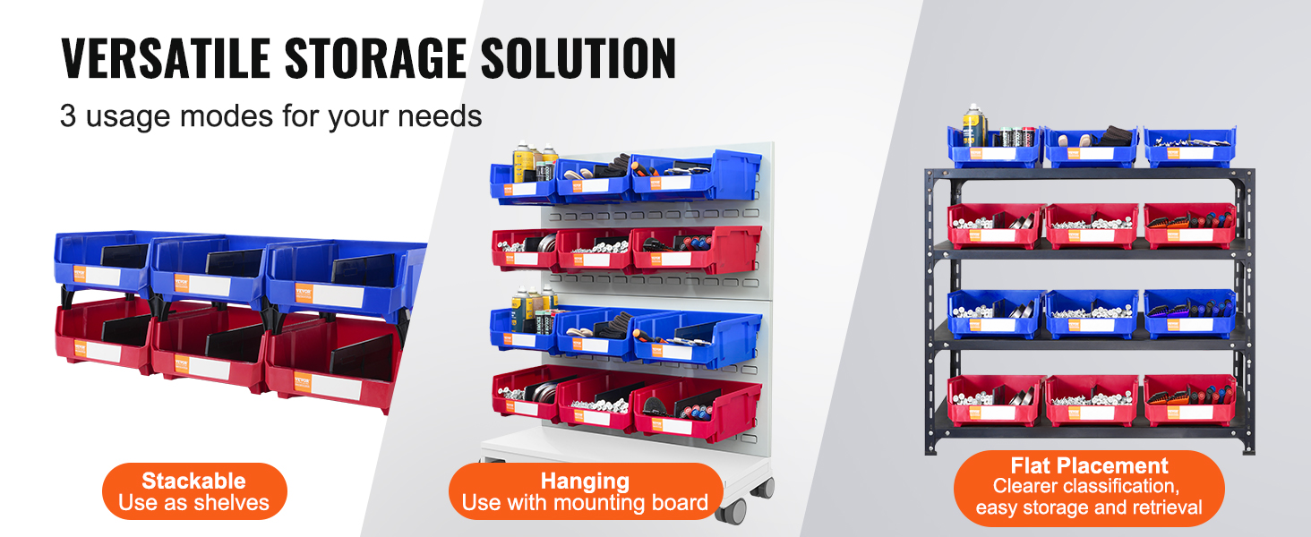 VEVOR plastic storage bin showcasing stackable, hanging, and flat placement options for versatile storage.