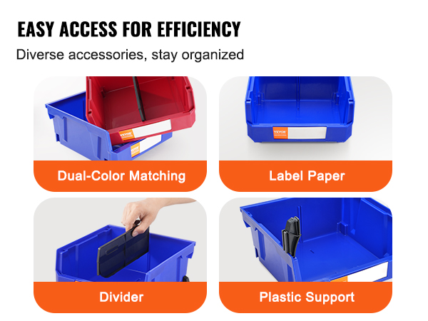 VEVOR plastic storage bin with divider, label paper, dual-color matching, and plastic support for organization.