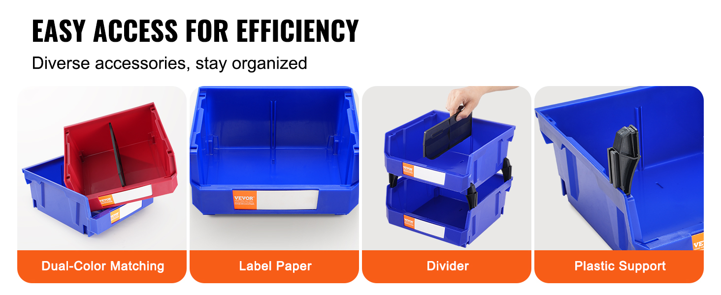 VEVOR plastic storage bin with divider, label paper, dual-color matching, and plastic support for organization.