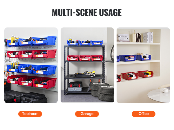 VEVOR plastic storage bin for toolroom, garage, and office organization with red and blue bins.