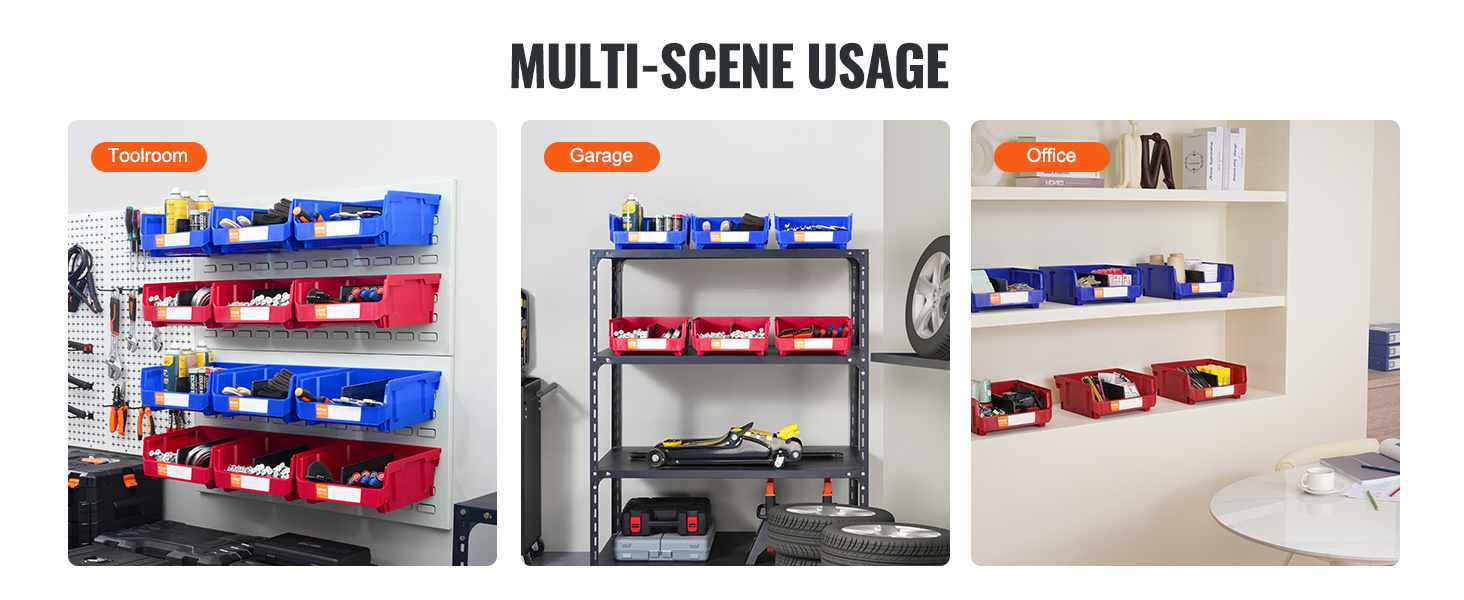 VEVOR plastic storage bin for toolroom, garage, and office organization with red and blue bins.