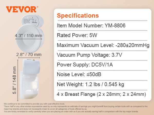 VEVOR wearable breast pump specifications and accessories list with product dimensions and details.